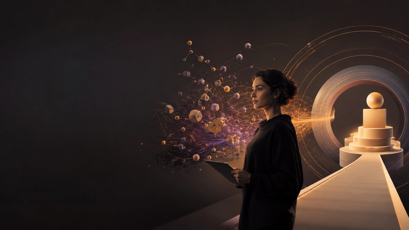 Sophisticated explainer-film key visual. A clear visual metaphor unfolding around a product or service, with elegant motion-design language and room for the hero headline.