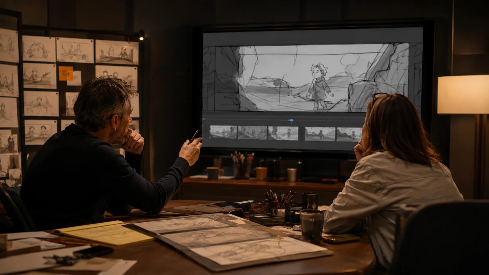 Two creatives reviewing an animatic in the studio