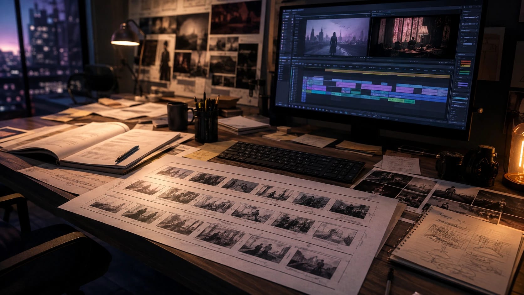 Storyboard, script, and edit timeline used to plan a production