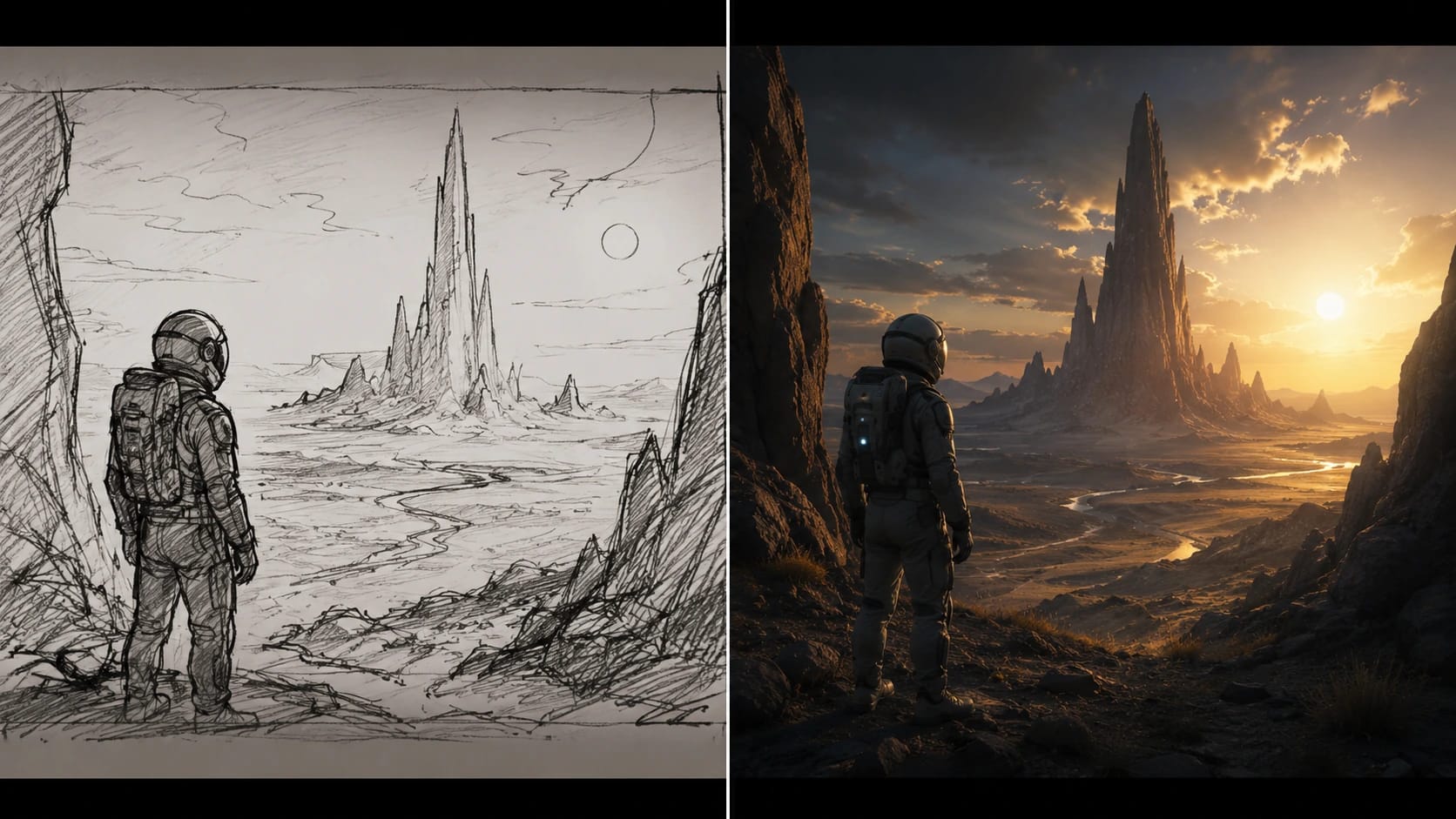 Storyboard concept alongside its finished cinematic frame