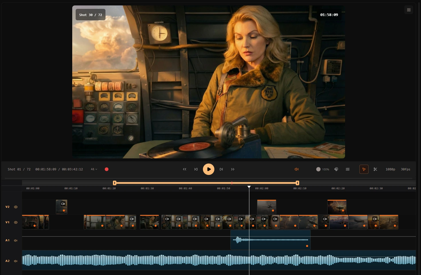 Edit timeline — finishing stage in a managed AI animation studio pipeline