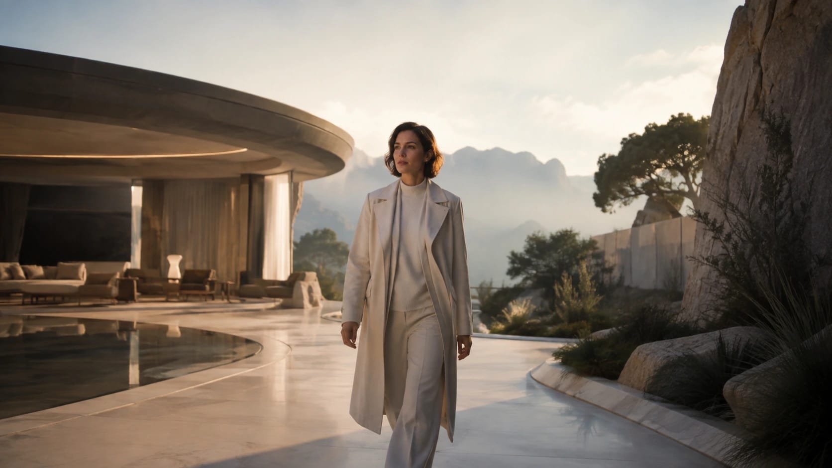 Premium brand-campaign still. Human subject moving through a distinctive art-directed world; cinematic natural light; no visible interface or text.