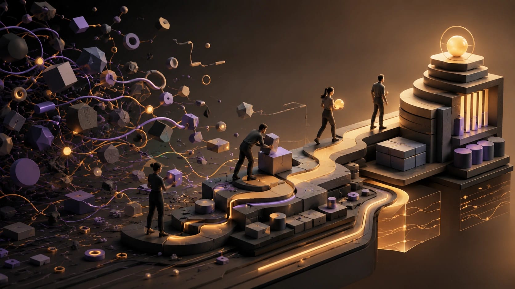 Explainer film still. A person or team moving through a clean, ownable visual metaphor that makes an intangible product or service feel understandable.