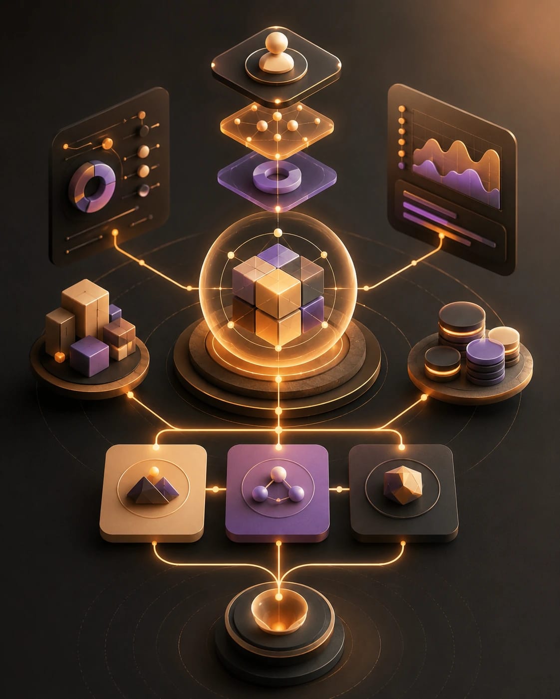 Graphic product-system frame. Elegant diagrams, interface-inspired elements, or abstract objects in an art-directed scene—no literal UI screenshot.
